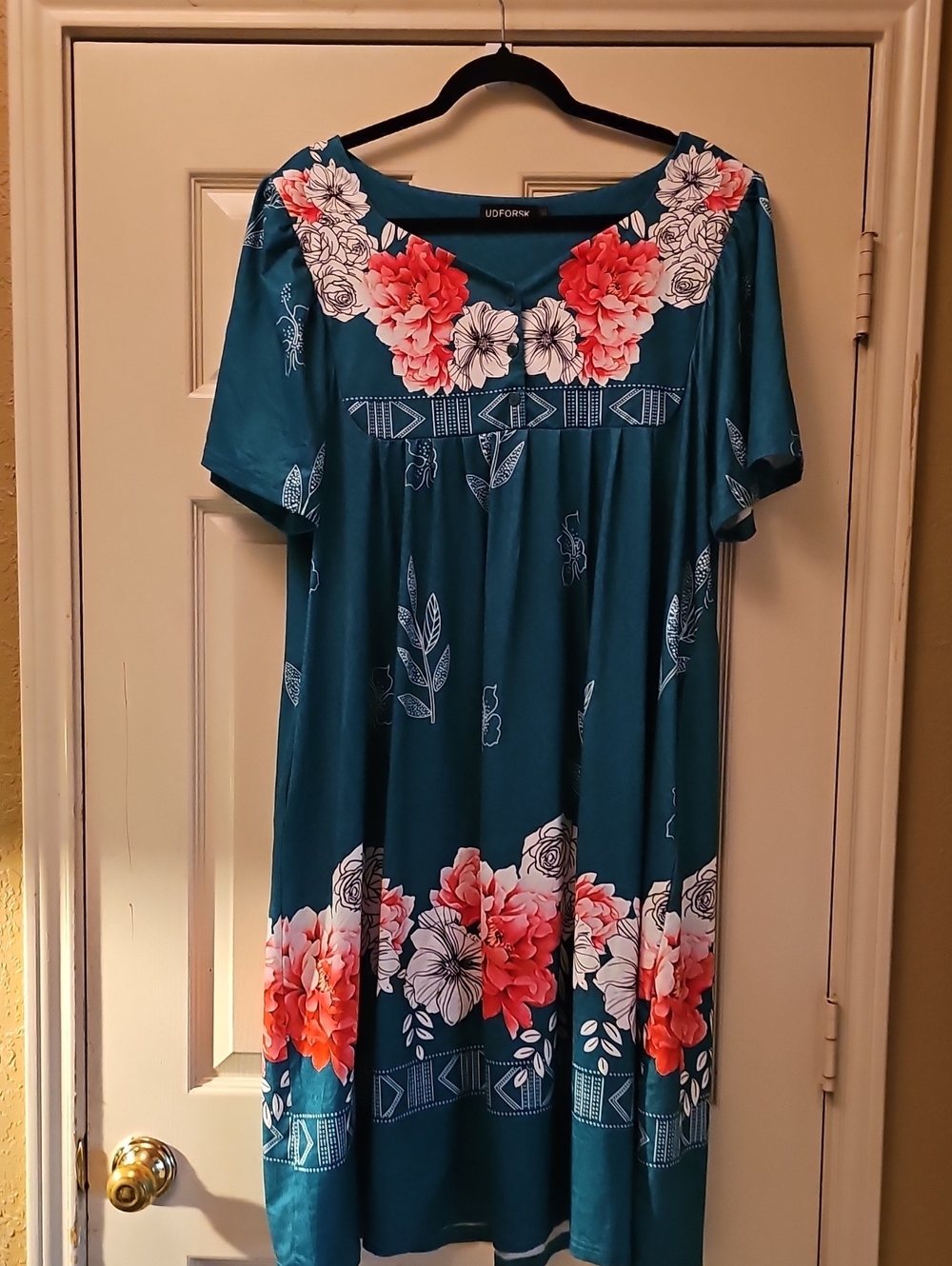 UOFOX Teal Floral Scoop Neck Dress
